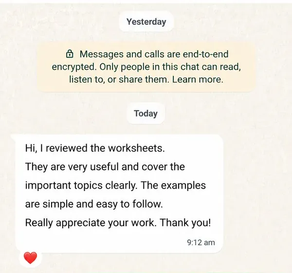 Real customer WhatsApp message about the worksheets being useful